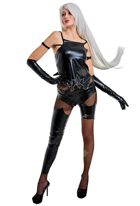 Contemporary High Gloss Strappy Cutout Bodysuit With Matching Over The Knee Statement Hosiery