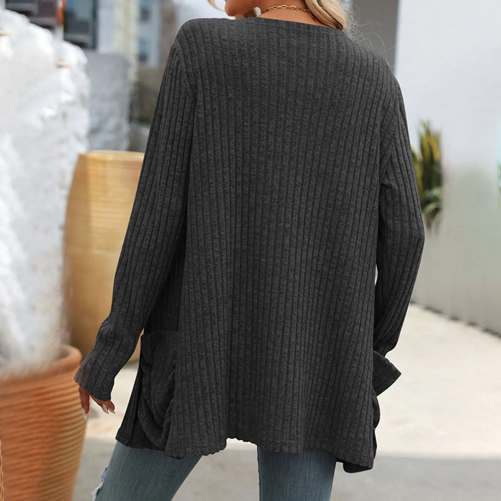 Women's Open Front Knit Cardigan with Pockets and Relaxed Longline Fit