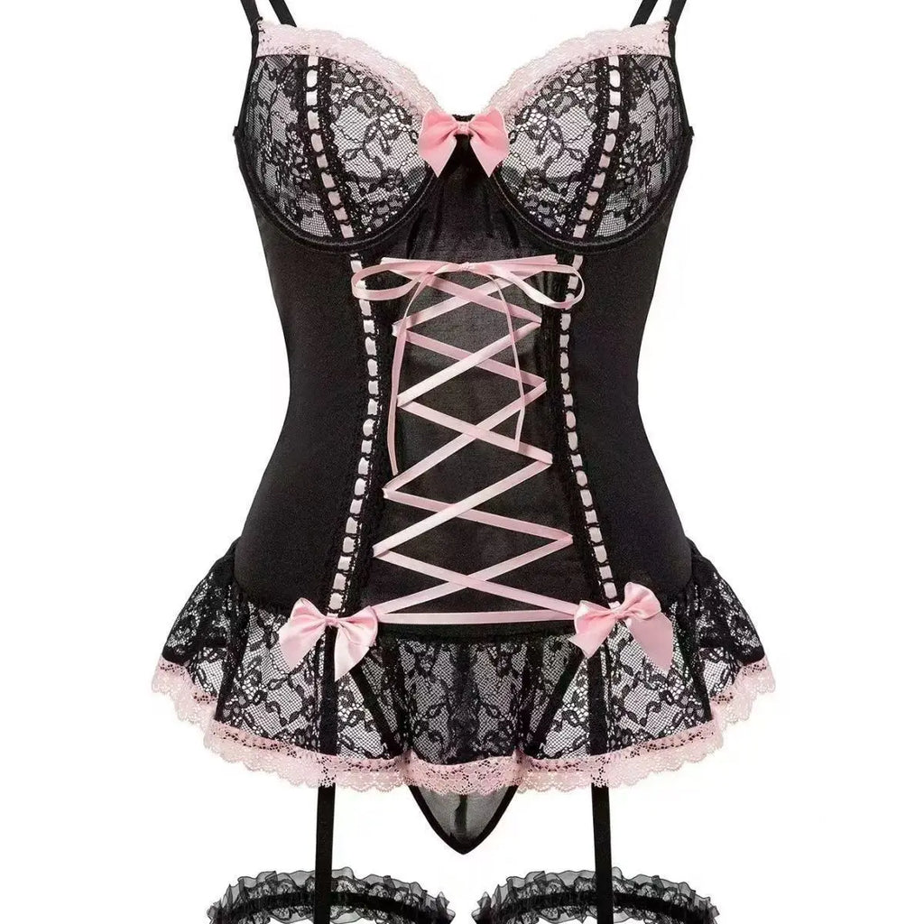 Romantic Black Lace Corset Bodysuit with Contrast Ribbon Lace-Up and Ruffled Trim