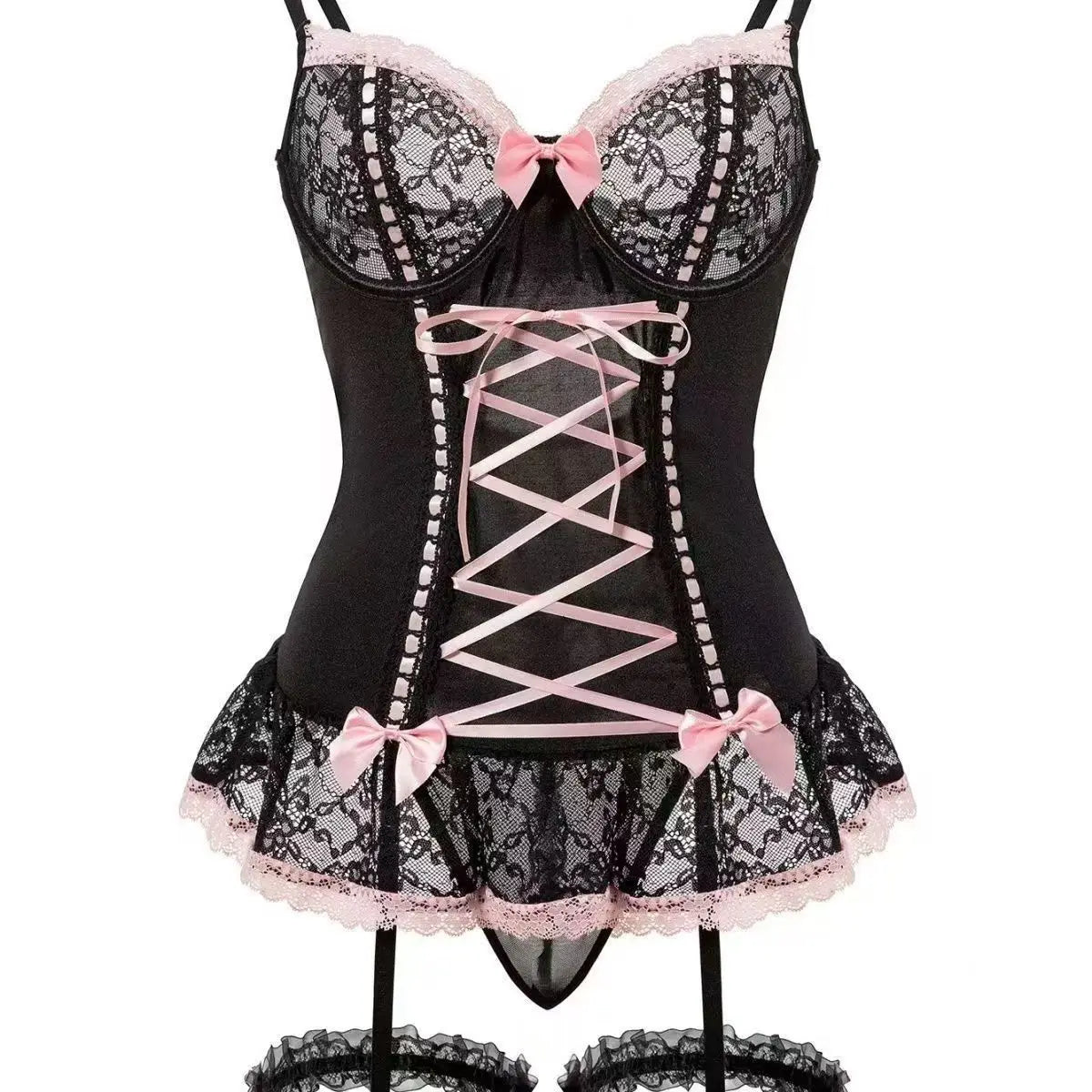 Romantic Black Lace Corset Bodysuit with Contrast Ribbon Lace-Up and Ruffled Trim