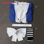 Women's Classic Maid-Inspired Dress Set with Apron, Bow, Belt and Striped Thigh-High Socks