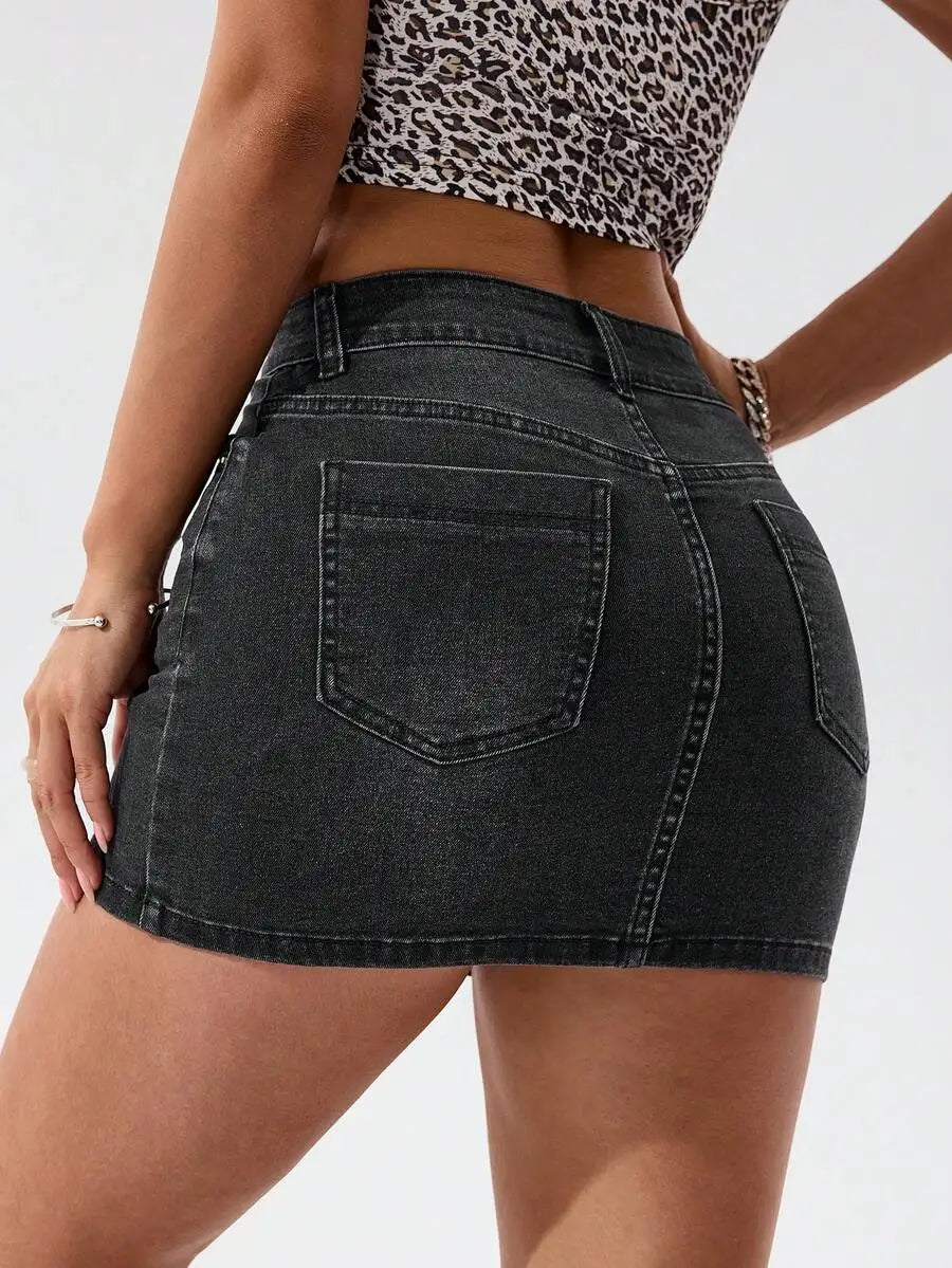 Stretch Denim Mini Skirt with Front Pockets and Streamlined Fit