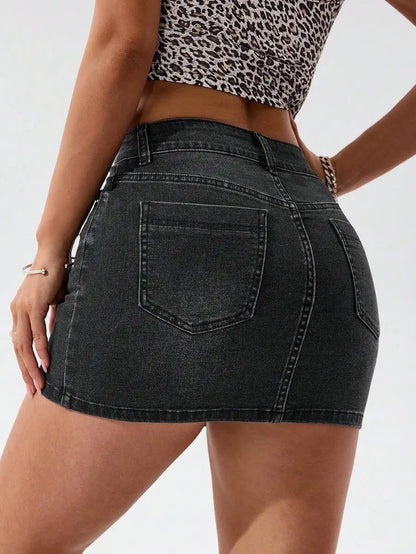 Stretch Denim Mini Skirt with Front Pockets and Streamlined Fit