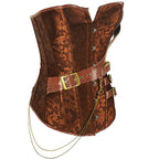 Steampunk Brown Jacquard Overbust Corset with Faux Leather Belt Detailing