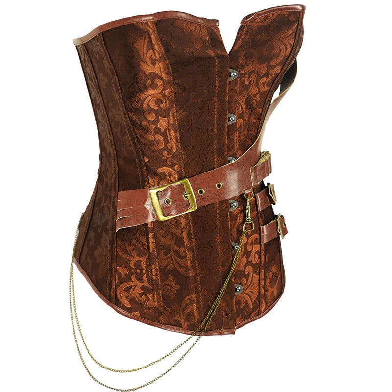 Steampunk Brown Jacquard Overbust Corset with Faux Leather Belt Detailing