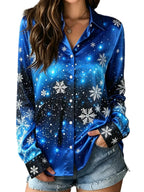 Whimsical Snowflake and Star Print Gradient Button-Down Blouse