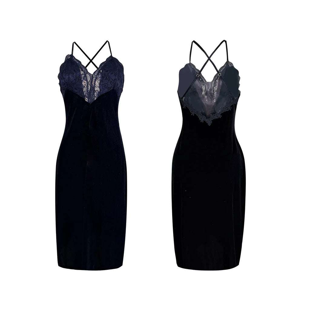 Minimalist Black Velvet Long Slip Dress with Delicate V-Neck