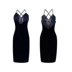 Minimalist Black Velvet Long Slip Dress with Delicate V-Neck