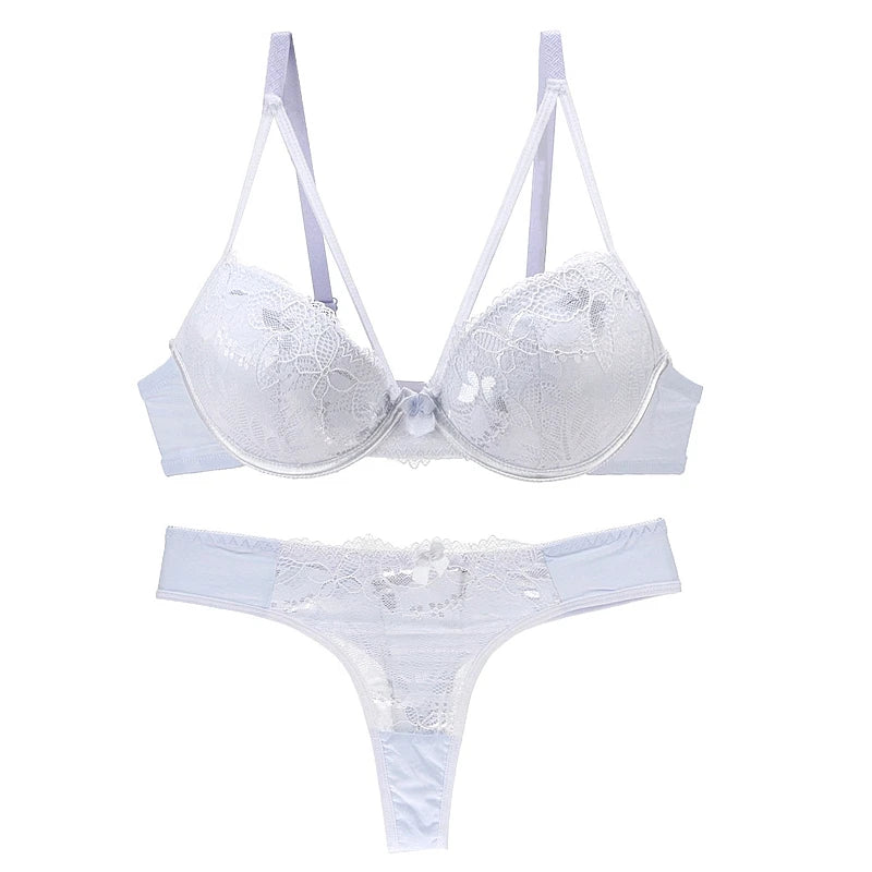 Sophisticated Navy Blue Embroidered Push-Up Bra and Thong Set with Strappy Accents