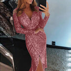 Sequin Texture Wrap Midi Dress with Long Sleeves and Side Slit