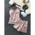 Midnight Blue Satin-Finish Camisole and Shorts Sleepwear Set with Lace Trim