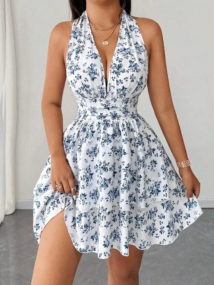 Floral Print Halter V-Neck Mini Dress With Flowy A-Line Summer Silhouette