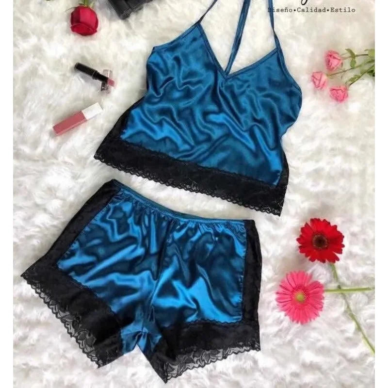 Striking Red Satin-Finish Camisole and Shorts Sleep Set with Wide Black Lace Trim