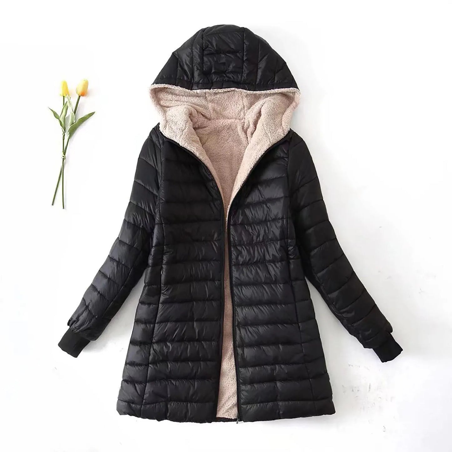 Women's Hooded Quilted Fleece Lined Zip Jacket for Warm Everyday Streetwear Layering