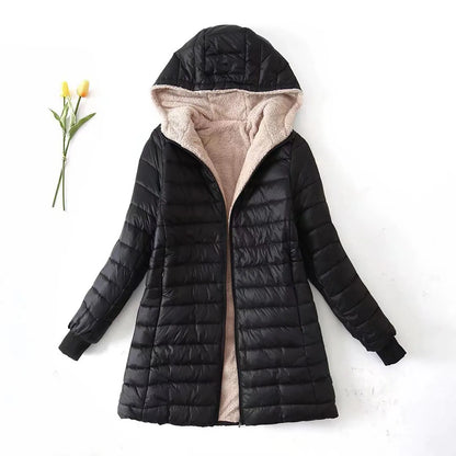 Women's Hooded Quilted Fleece Lined Zip Jacket for Warm Everyday Streetwear Layering