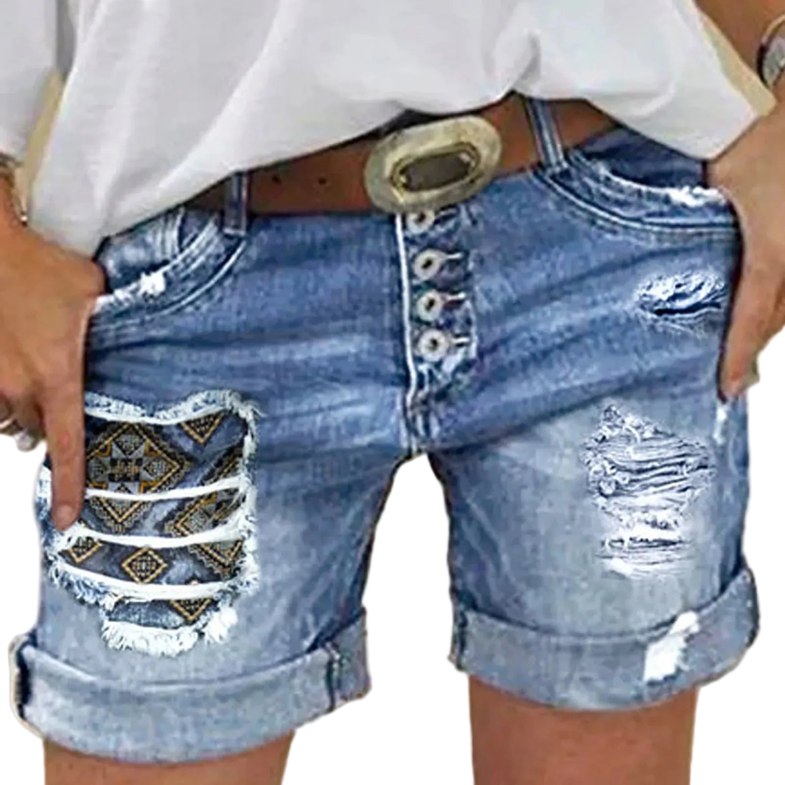 Women's Distressed Denim Style Rolled Hem Shorts with Relaxed Casual Streetwear Silhouette