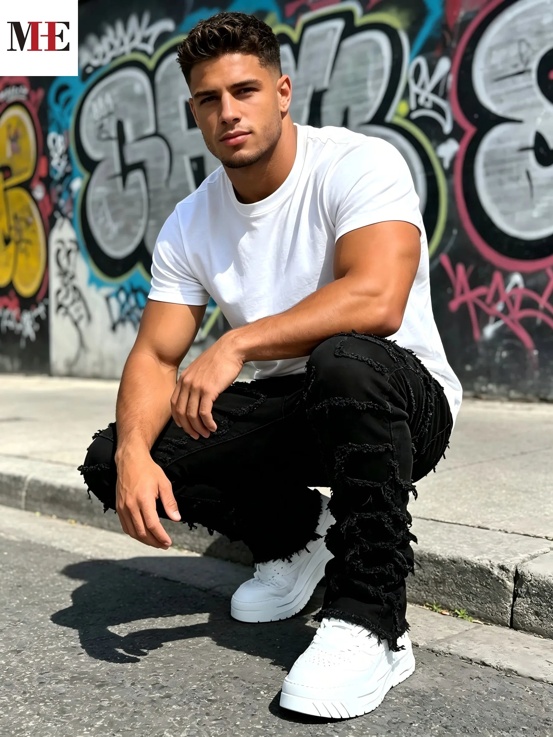 Men's Stacked Slim Denim Jeans with Frayed Finish and Contemporary Streetwear Fit