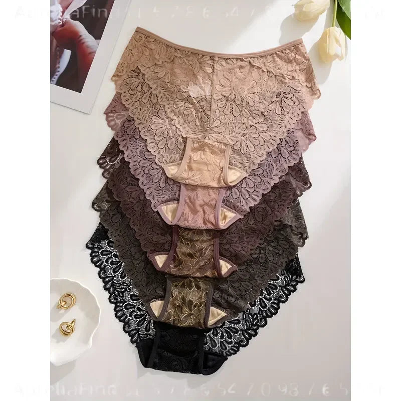 5-Piece Women’s Lace Mid-Rise Briefs Set with Openwork Detailing, Soft Stretch Silhouette and Assorted Feminine Colors