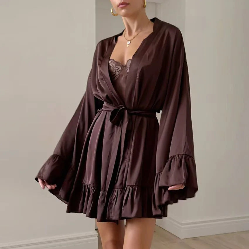 Elegant Chocolate Brown Satin-Finish Sleepwear Set with Lace-Trimmed Chemise and Matching Robe