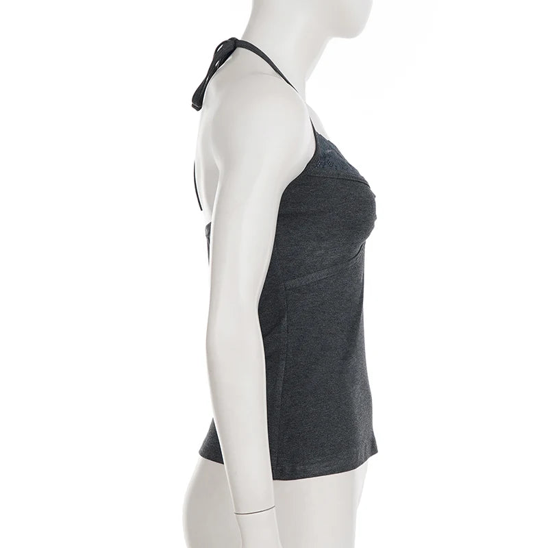 Vintage Lace Trim Halter Crop Top with Slim Fit Knit Streetwear Camisole Design