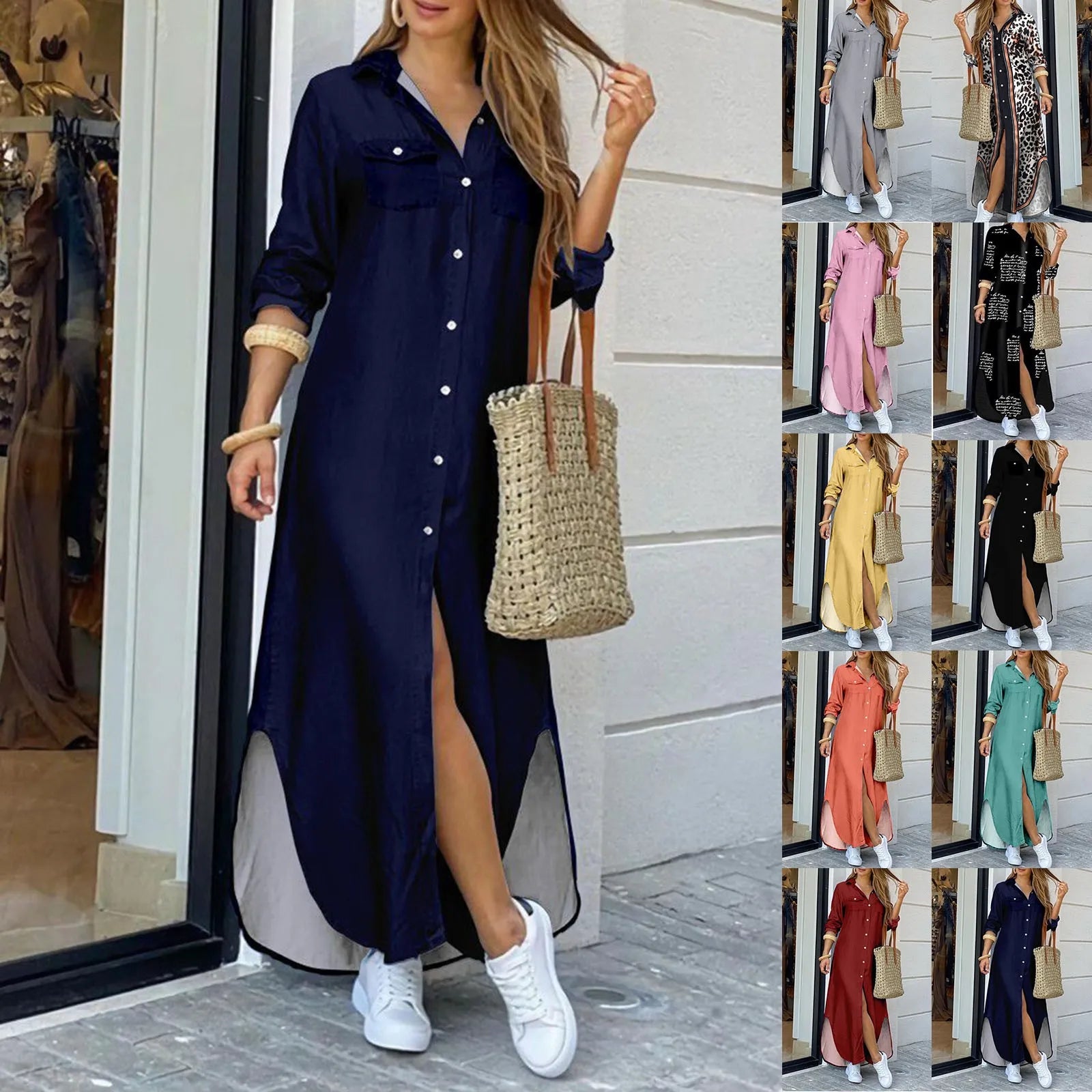 Button Front Shirt Maxi Dress with Relaxed Side Slit Styling