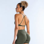 Olive Green Strappy Open-Back Sports Bra with Scoop Neckline