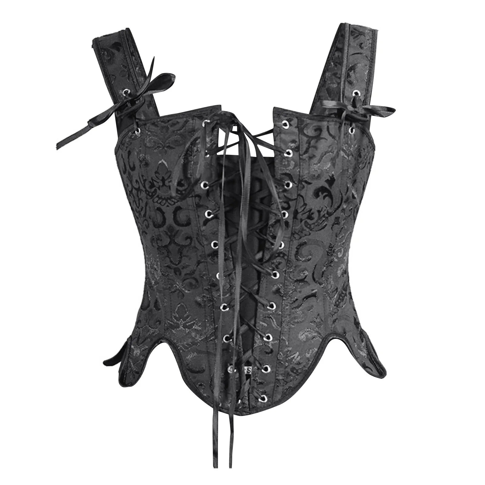 Jacquard Lace-Up Corset Vest with Structured Panels and Vintage-Inspired Design