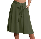 High Waist Lace-Up A-Line Midi Skirt with Pockets Casual Contemporary Everyday Style
