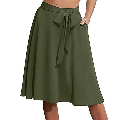 High Waist Lace-Up A-Line Midi Skirt with Pockets Casual Contemporary Everyday Style