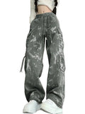 Loose Fit Cargo Pants with Straight Wide Leg Utility Pocket Casual Streetwear Style