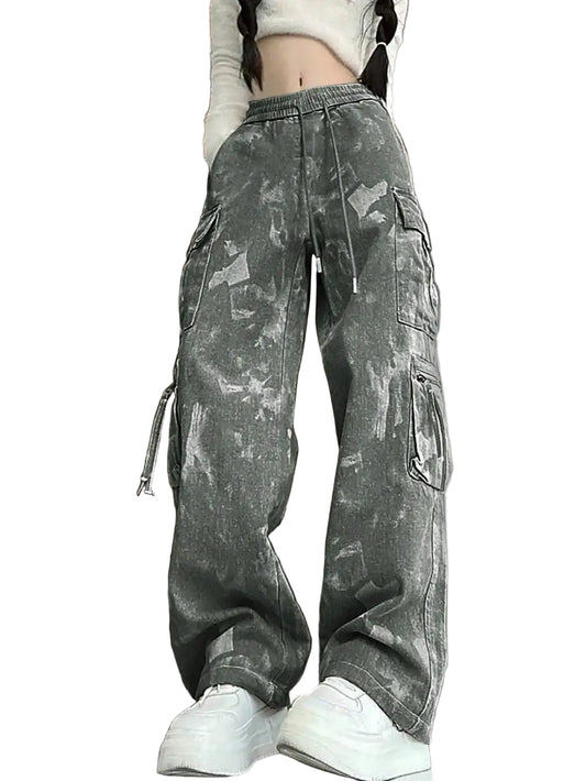 Loose Fit Cargo Pants with Straight Wide Leg Utility Pocket Casual Streetwear Style