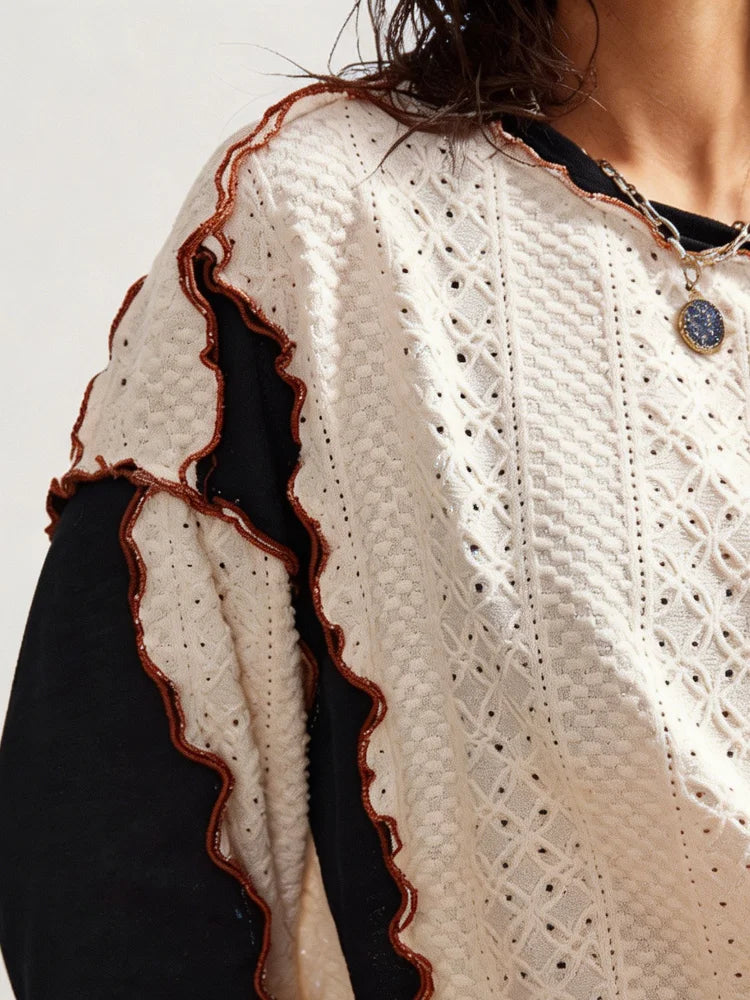 Women's Contrast Sleeve Relaxed Fit Contemporary Streetwear Knit Sweater