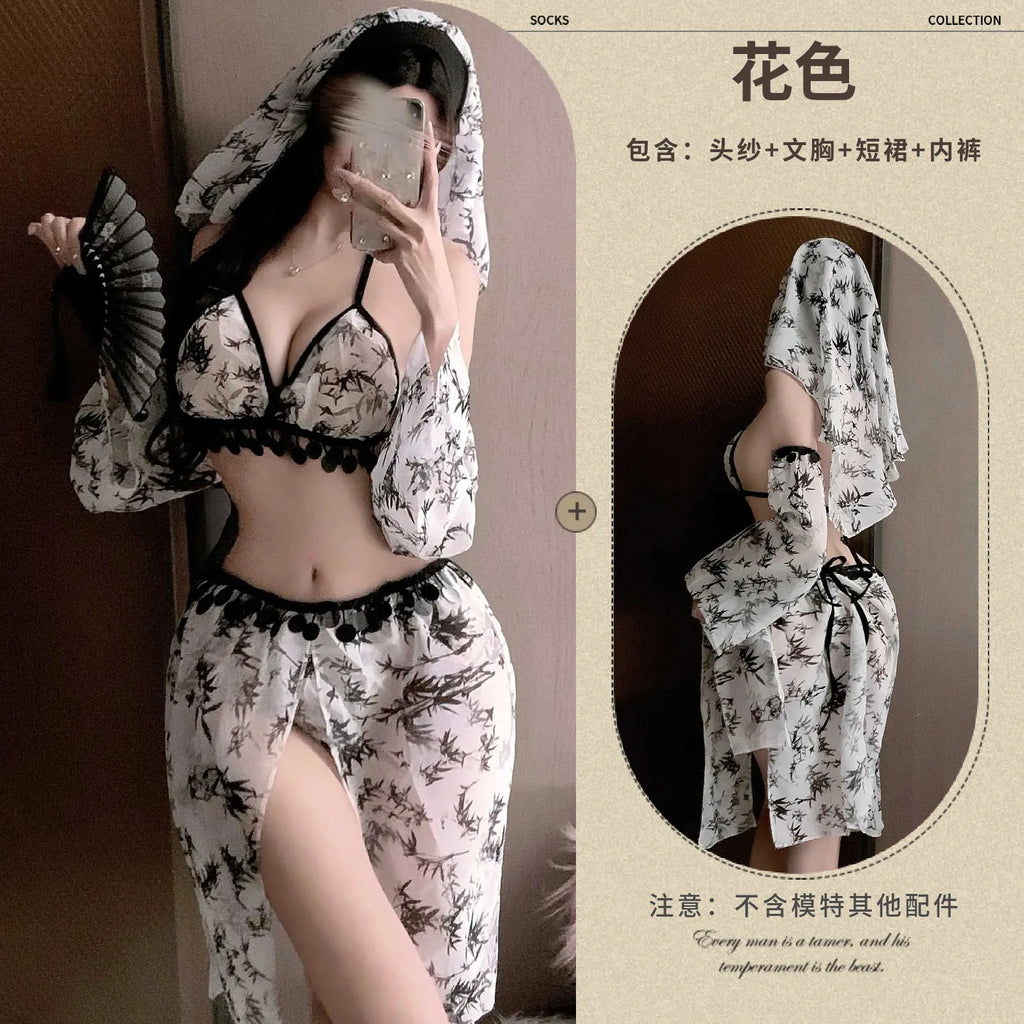 Sheer Floral Print Halter Set with Lace Trim and Matching Draped Headpiece