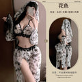 Sheer Floral Print Halter Set with Lace Trim and Matching Draped Headpiece