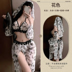Sheer Floral Print Halter Set with Lace Trim and Matching Draped Headpiece