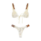 White Crochet-Detail Three-Piece Bikini Set with Adjustable Triangle Top, Knotted Bottom and Matching Beach Skirt