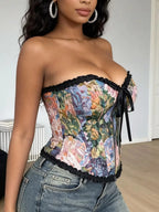 Vibrant Floral Print Front-Zip Corset Top with Black Lace Trim