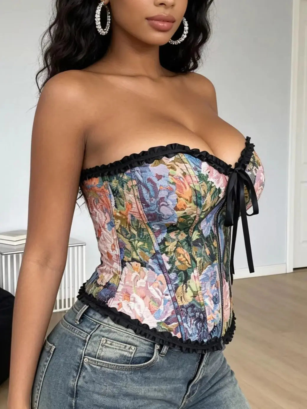 Vibrant Floral Print Front-Zip Corset Top with Black Lace Trim