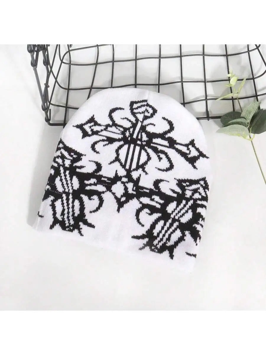 Abstract Jacquard Acrylic Knit Beanie for Modern Streetwear Casual Winter Everyday Fashion Style