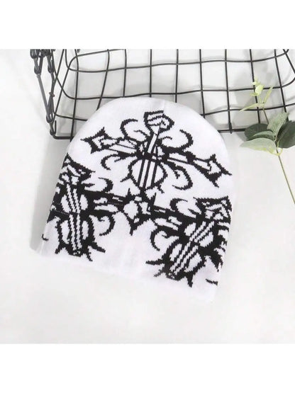 Abstract Jacquard Acrylic Knit Beanie for Modern Streetwear Casual Winter Everyday Fashion Style