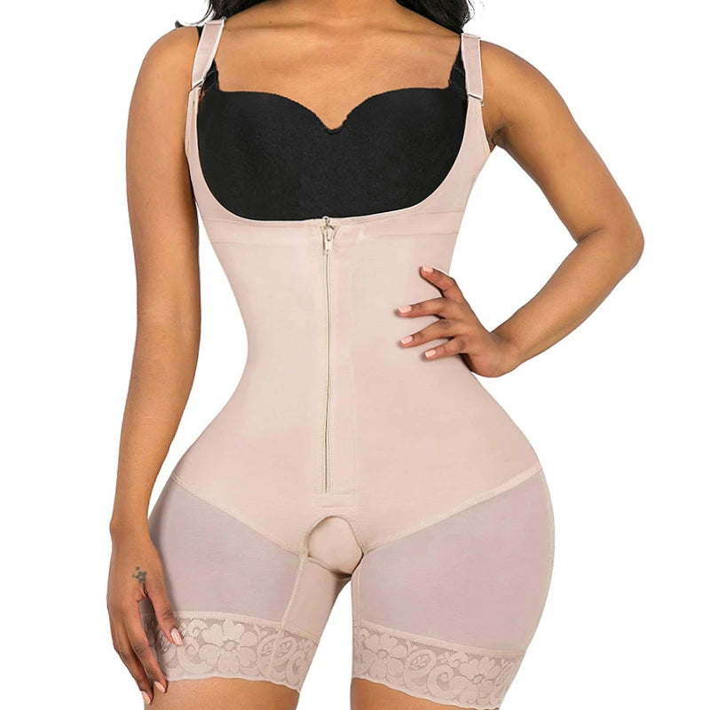 Seamless Open-Bust Mid-Thigh Shaping Bodysuit with Sheer Lace Accents