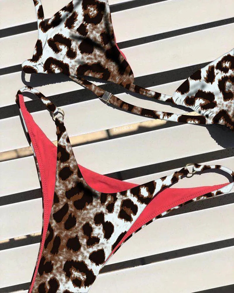 Fierce Leopard Print Plunge Triangle Bikini Set with Metallic Ring Accents
