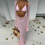 Three-Piece Swimwear Set with Pink Bikini and Sheer Long-Sleeve Maxi Cover-Up