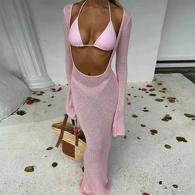Three-Piece Swimwear Set with Pink Bikini and Sheer Long-Sleeve Maxi Cover-Up