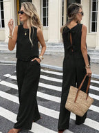 Sleeveless Linen Blend Top and Wide Leg Pants Summer Co-Ord Set