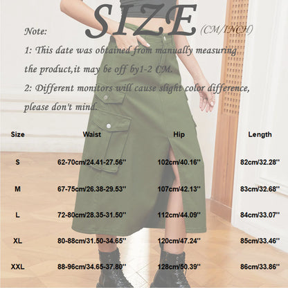 High Waist Cargo Midi Skirt with Utility Pockets Front Slit Streetwear Fashion