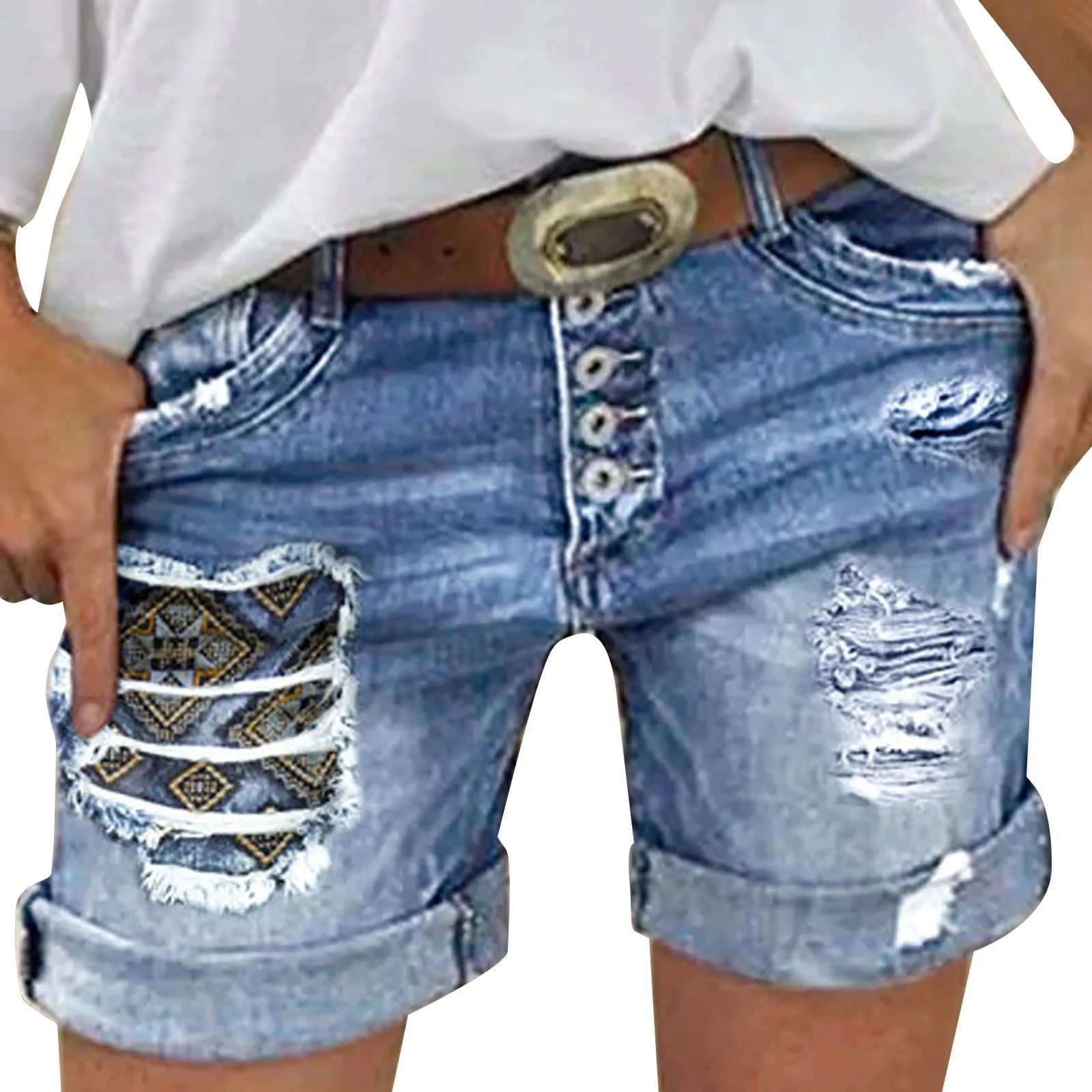Women's Distressed Denim Style Rolled Hem Shorts with Relaxed Casual Streetwear Silhouette