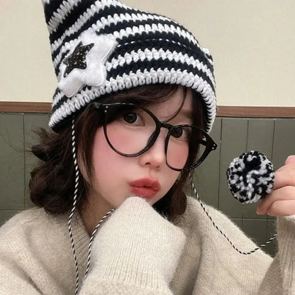 Striped Pointed Knit Beanie with Ear Accents for Playful Streetwear Winter Fashion Style