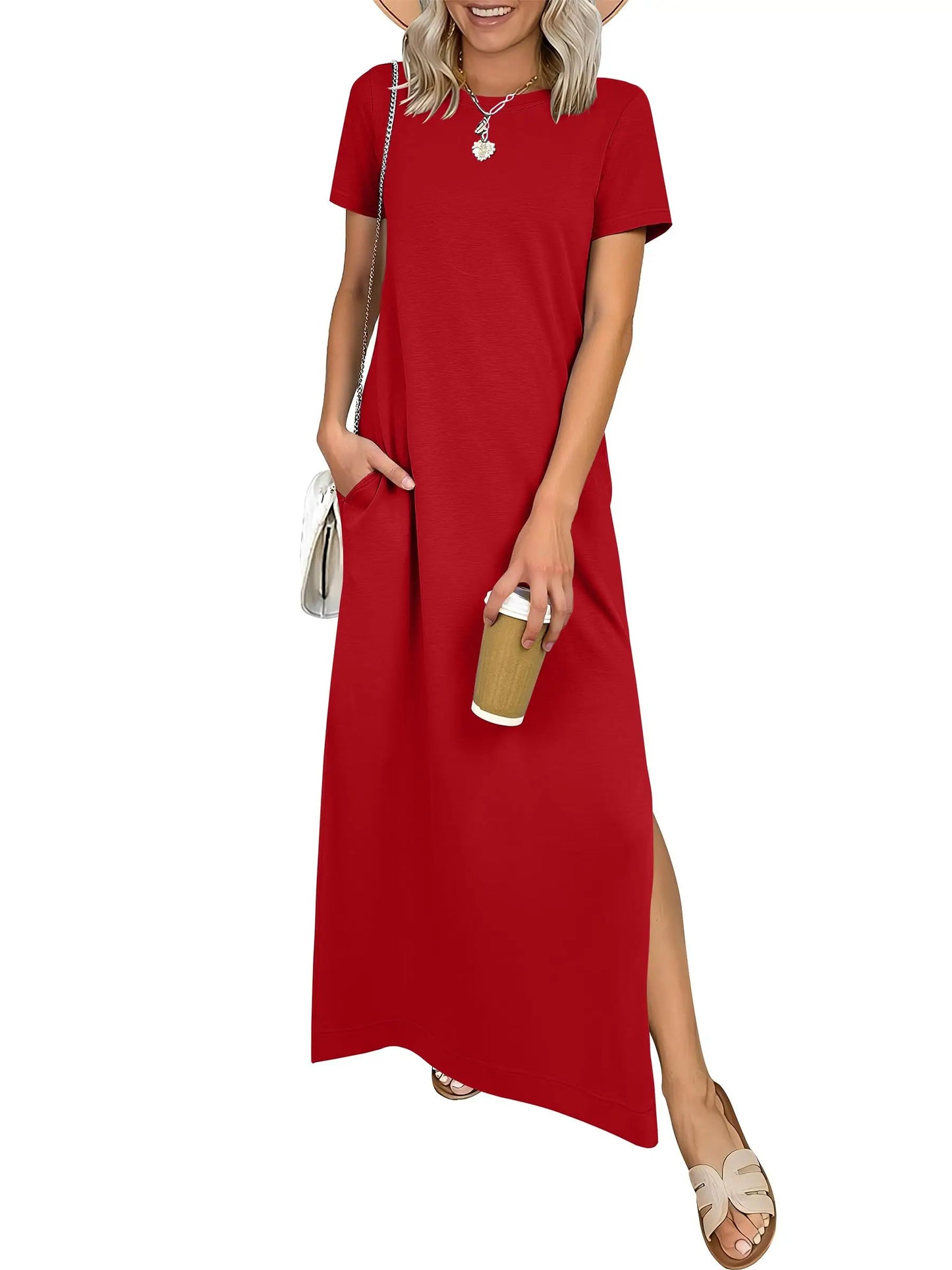 Relaxed Crew Neck Maxi Dress with Side Slits and Functional Pockets