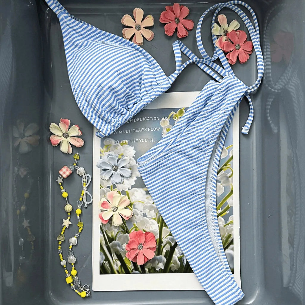 Light Blue and White Striped Triangle String Bikini Set